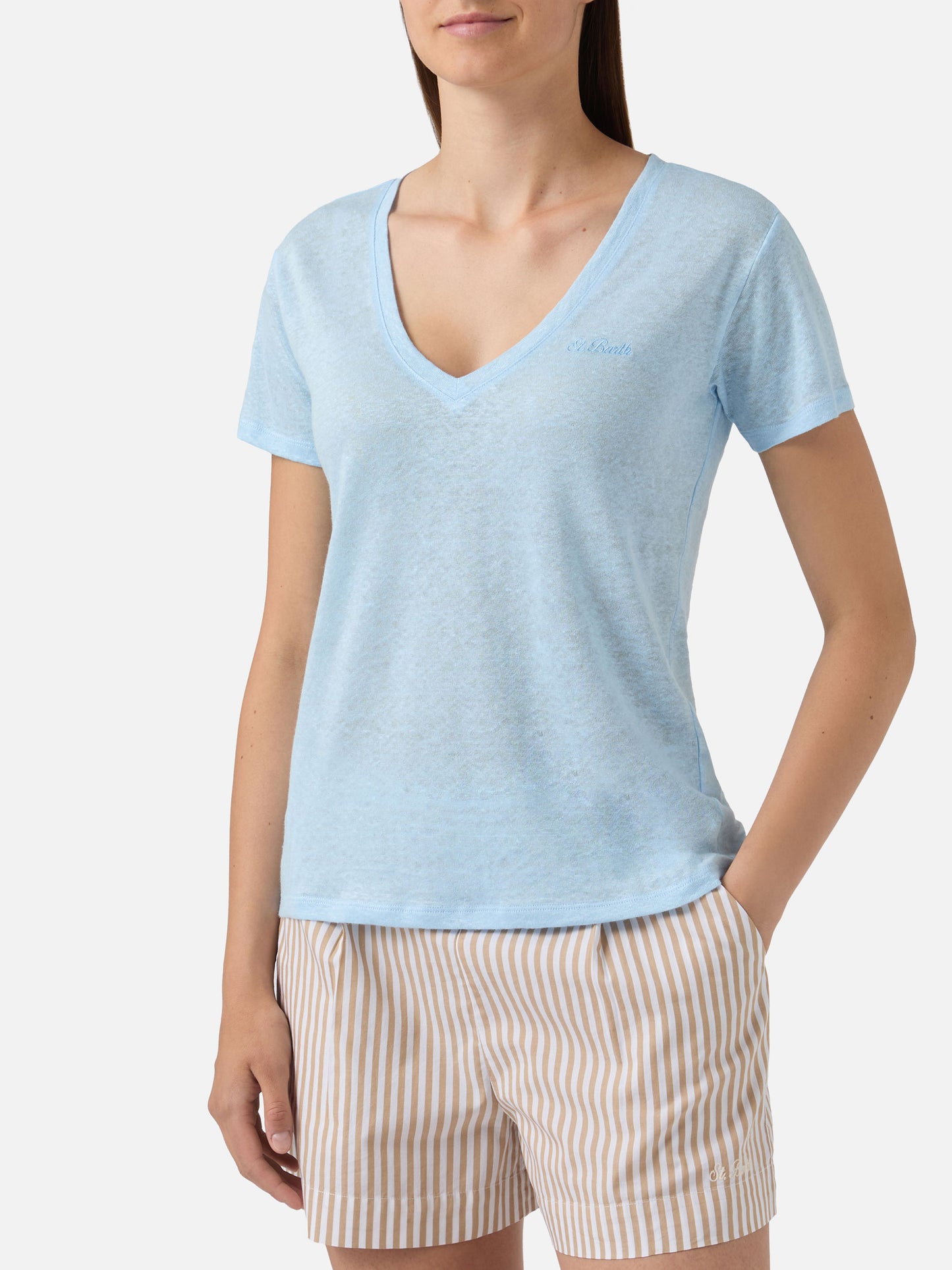 Light blue linen Eloise T-shirt with embroidered logo