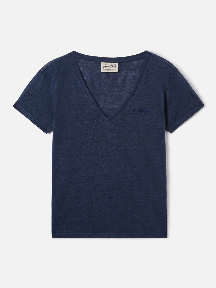 T-shirt Eloise in lino blu con logo ricamato