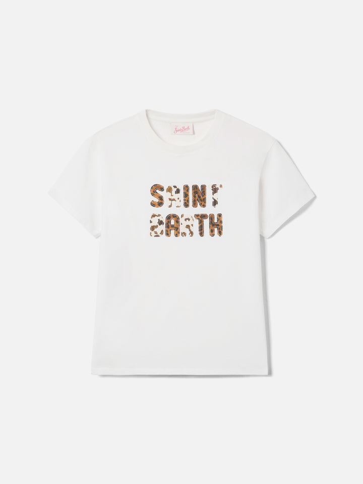 Weißes Emilie T-Shirt mit aufgesticktem Logo-Patch mit Animal-Print 