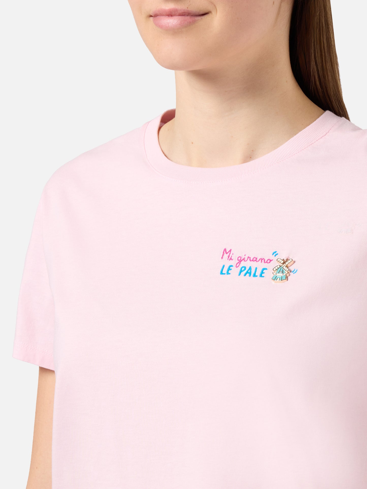 Pink Emilie T-shirt with Mi girano le pale embroidery