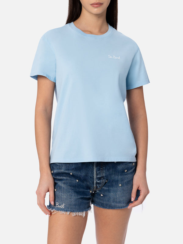 T-shirt girocollo in jersey di cotone azzurro chiaro da donna Emilie