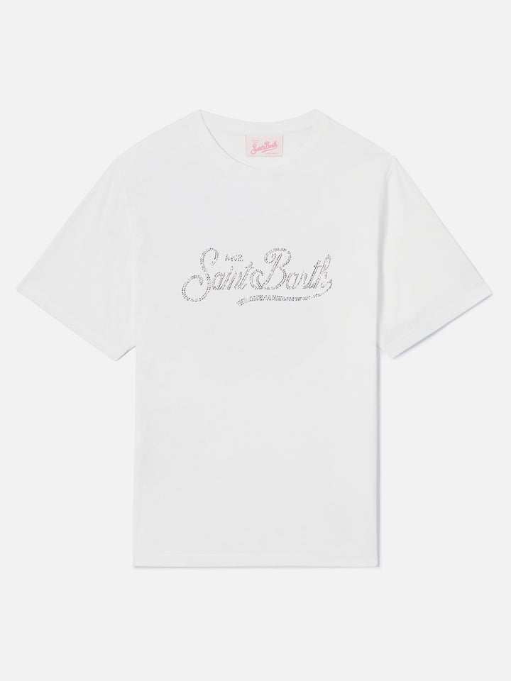 T-shirt Emilie bianca con logo in strass