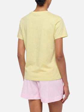 Emilie yellow cotton T-shirt with 50% Sole 50% Amore embroidery