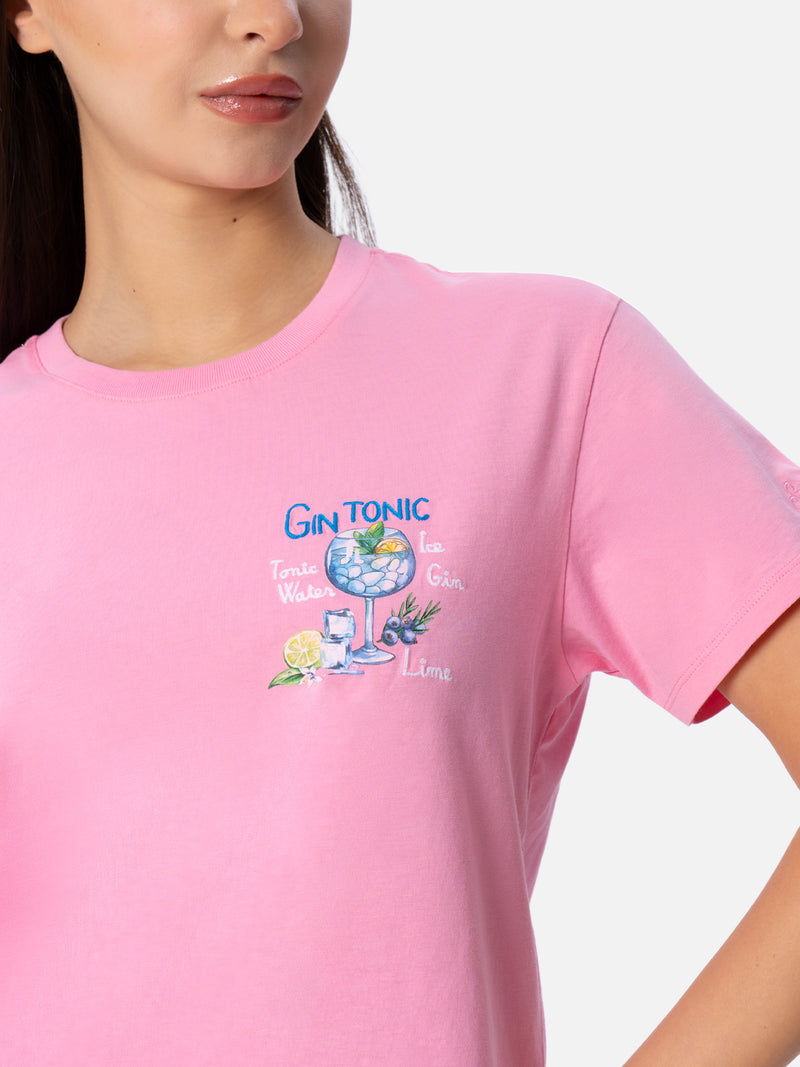 T-shirt da donna girocollo Emilie in jersey di cotone con ricamo Gin Tonic