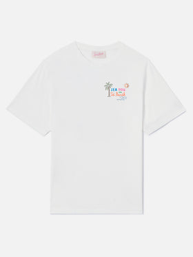 White Emilie T-shirt with Sea You in St. Barth embroidery and rhinestones