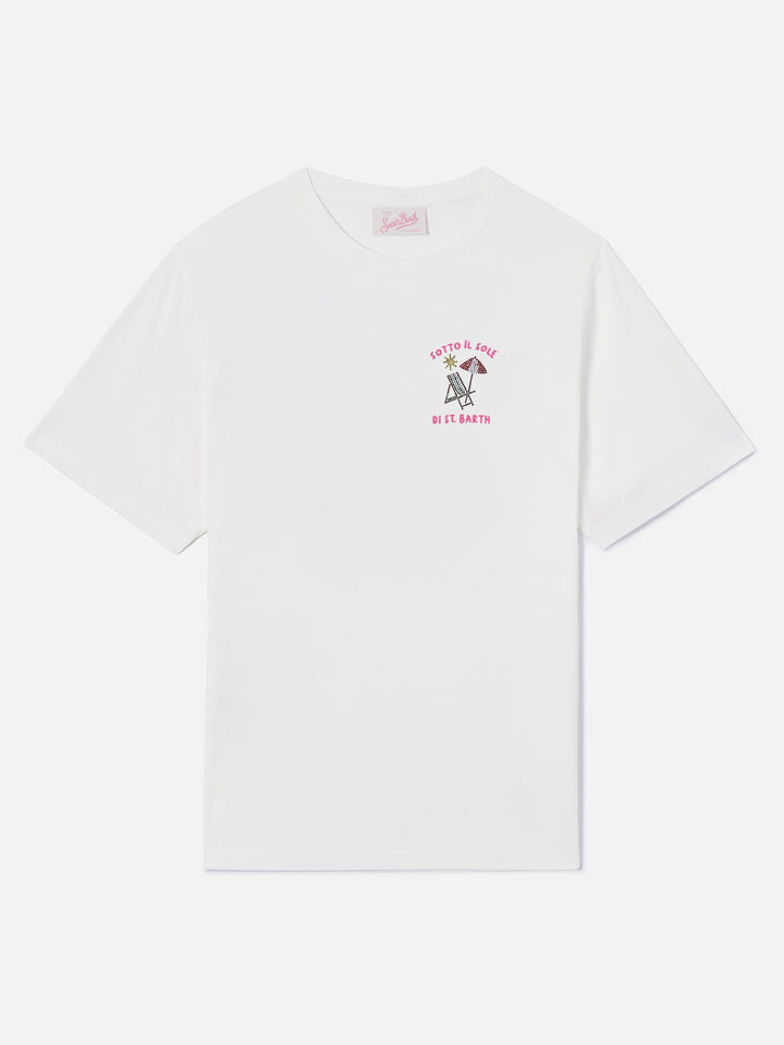 White Emily t-shirt with Sotto al Sole di St. Barth strass embroidery