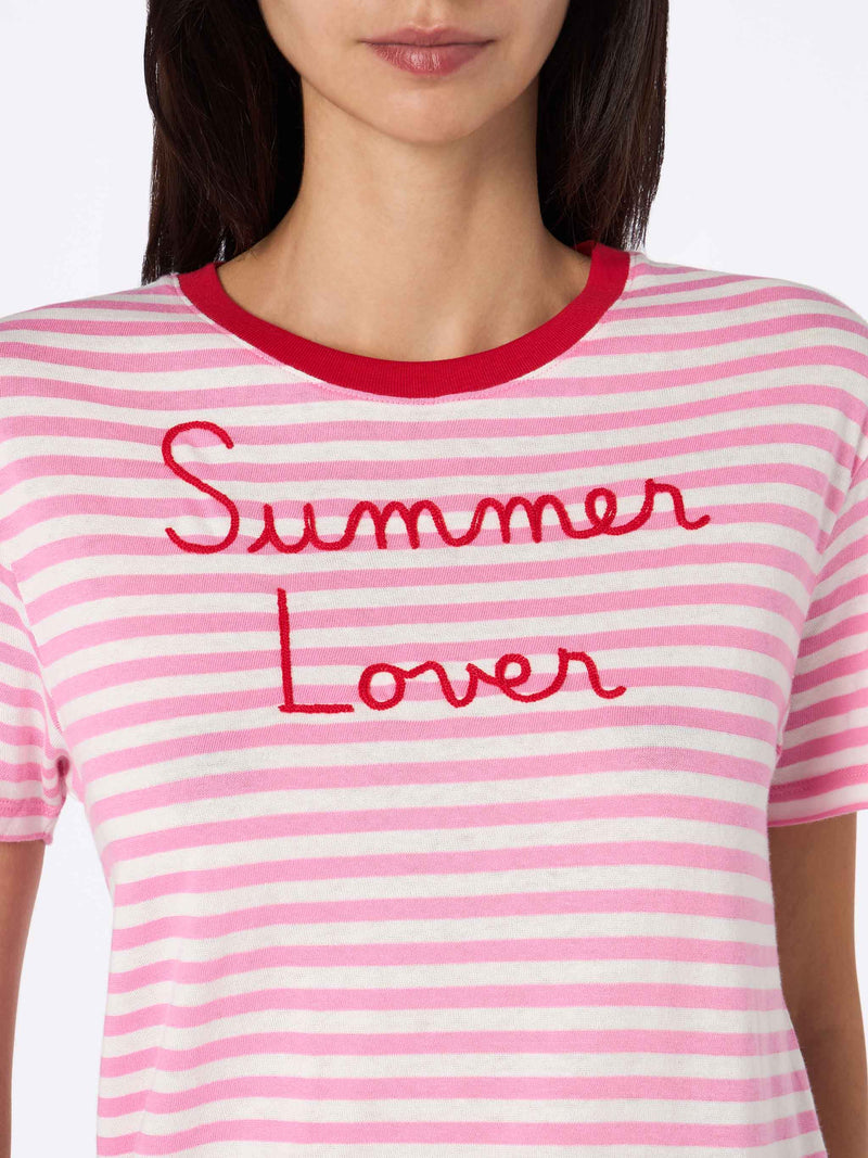 Woman striped cotton jersey crewneck t-shirt Emiilie with Summer Lover embroidery