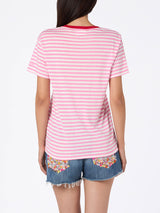 Woman striped cotton jersey crewneck t-shirt Emiilie with Summer Lover embroidery