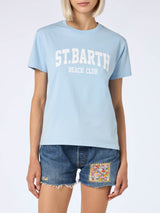 Woman cotton jersey crewneck t-shirt Emilie with St Barth beach club print