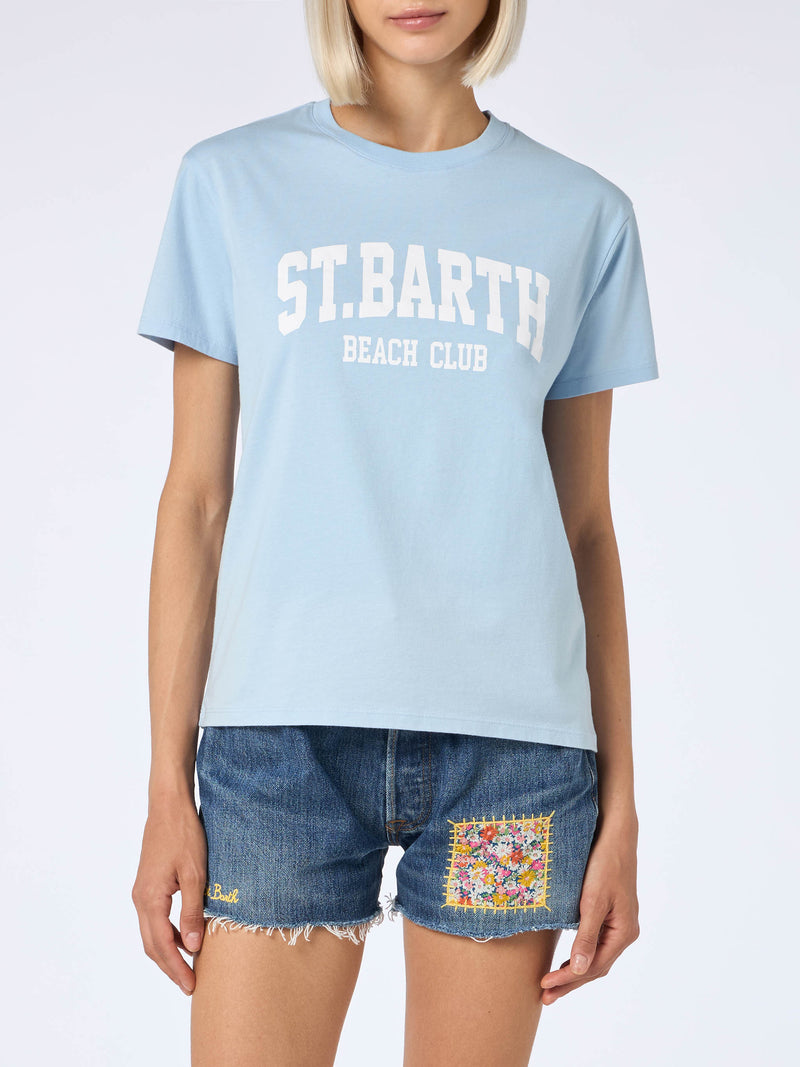 Woman cotton jersey crewneck t-shirt Emilie with St Barth beach club print