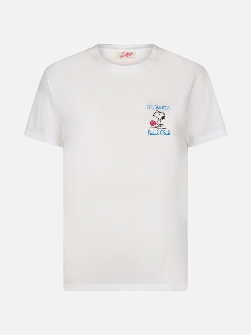 T-shirt girocollo in jersey di cotone rosa da donna Emilie con ricamo Snoopy St. Barth Padel Club | EDIZIONE SPECIALE SNOOPY PEANUTS