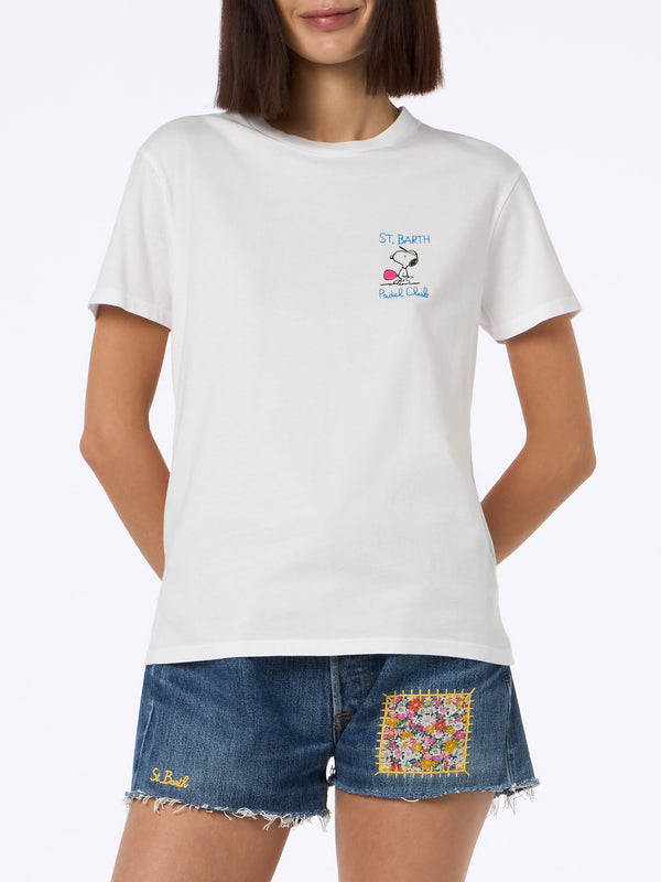 T-shirt girocollo in jersey di cotone rosa da donna Emilie con ricamo Snoopy St. Barth Padel Club | EDIZIONE SPECIALE SNOOPY PEANUTS