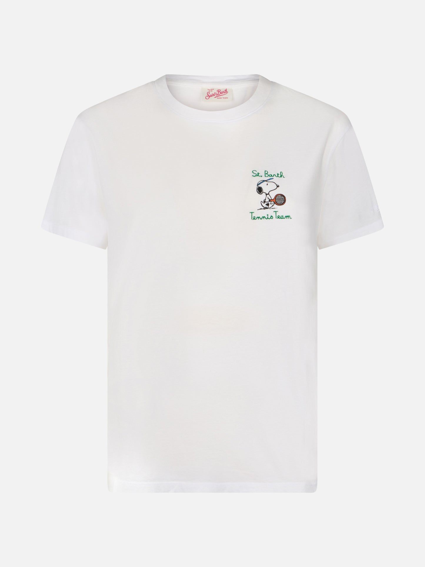 Woman pink cotton jersey crewneck t-shirt Emilie with Snoopy St. Barth Tennis Team embroidery | SNOOPY PEANUTS SPECIAL EDITION