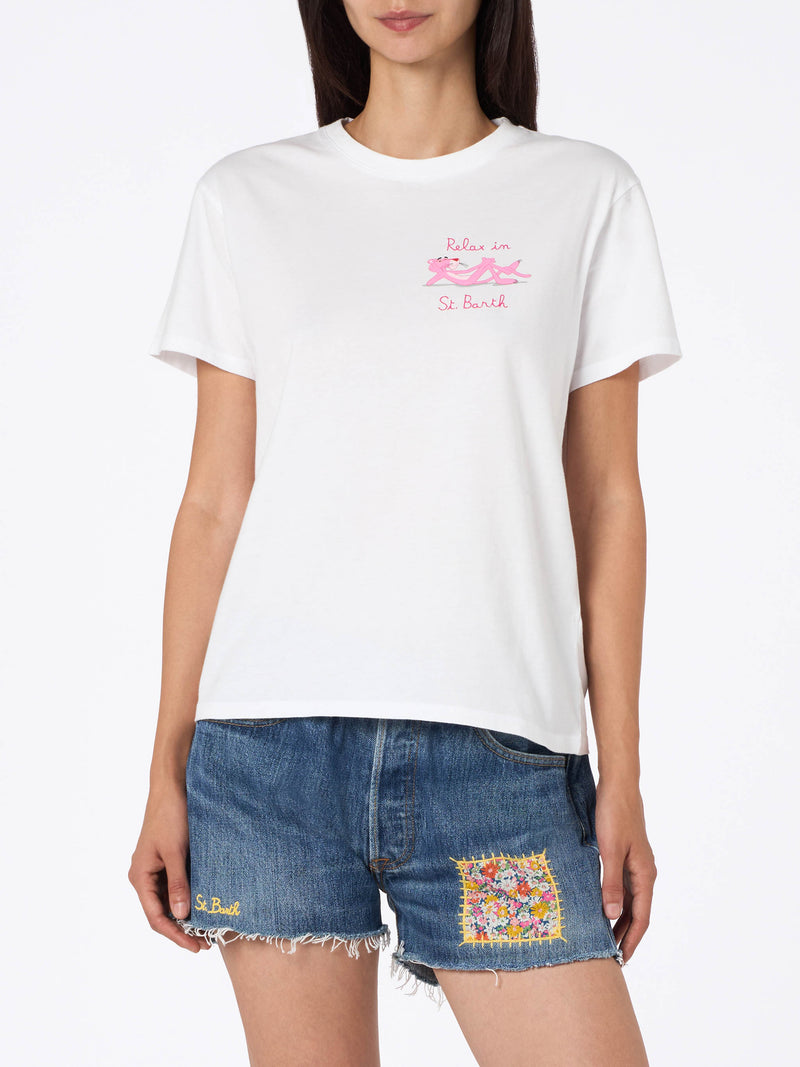 Woman white cotton jersey crewneck t-shirt Emiilie with Relax in St. Barth embroidery | PINK PANTHER SPECIAL EDITION