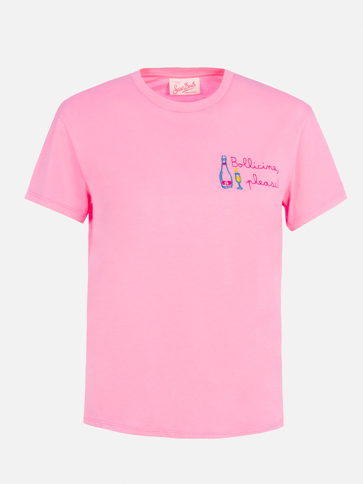 Woman pink cotton jersey crewneck t-shirt Emilie with Bollicine, please embroidery - MC2 Saint Barth