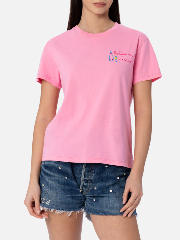 Woman pink cotton jersey crewneck t-shirt Emilie with Bollicine, please embroidery