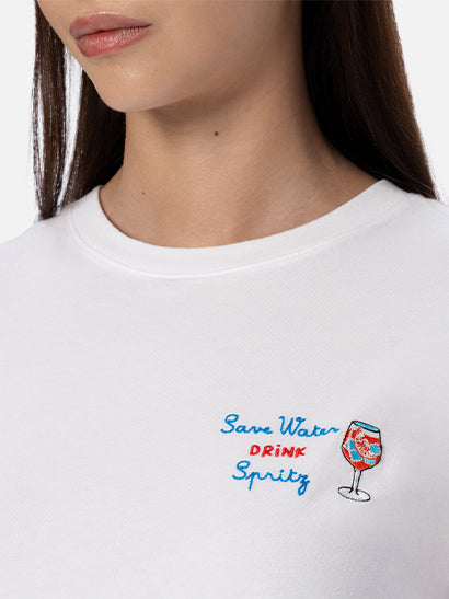 T-shirt girocollo in jersey di cotone da donna Emilie con ricamo Save water, Drink spritz