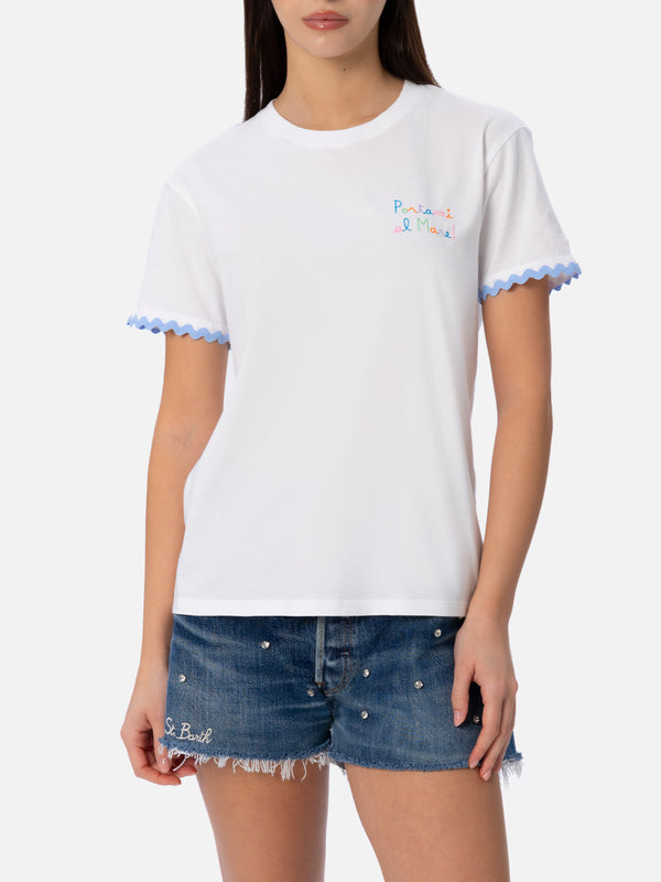 Woman cotton jersey crewneck t-shirt Emilie with Portami al Mare embroidery