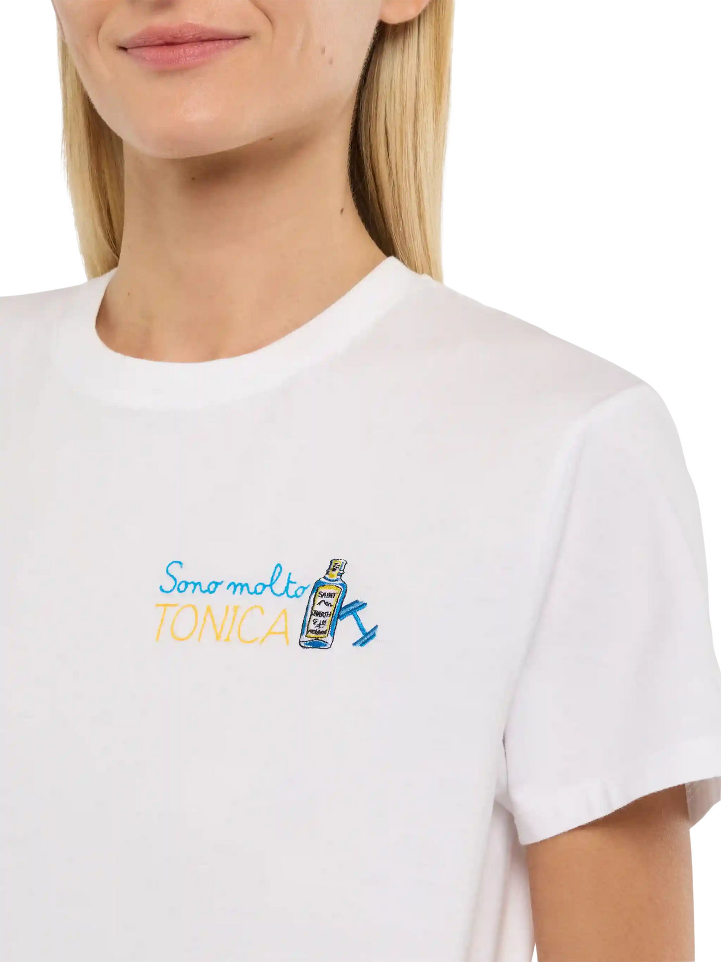 White Emilie T-shirt with Sono molto Tonica embroidery