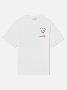 White Emilie T-shirt with Après-Sun embroidery and rhinestones