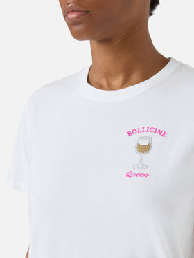 White Emilie T-shirt with Bollicine Queen embroidery and rhinestones