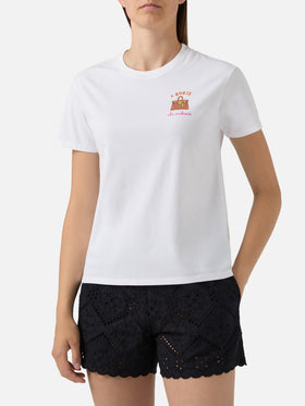 T-shirt Emilie bianca con ricamo + Borse che occhiaie e strass