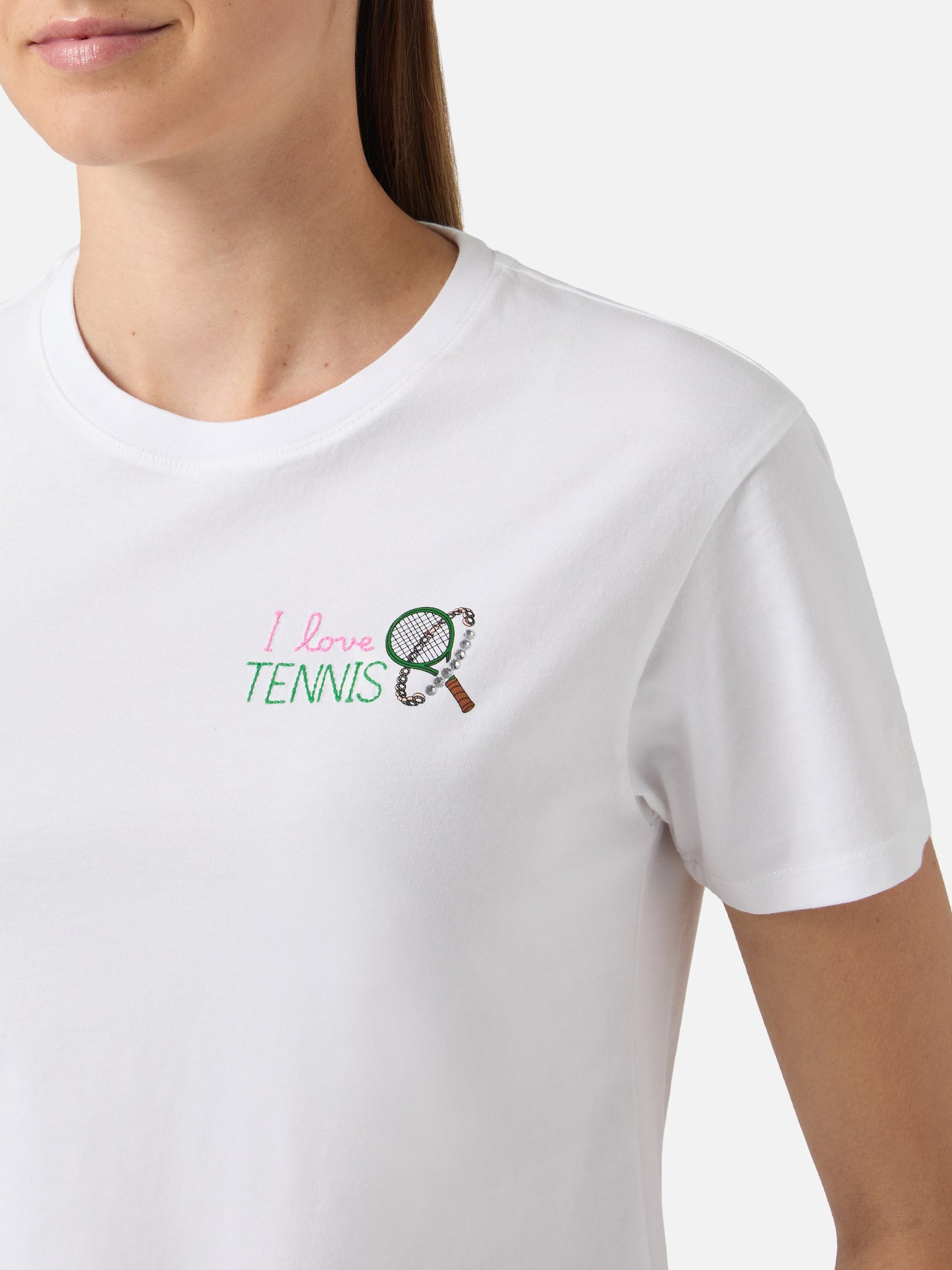 White Emilie T-shirt with I Love Tennis embroidery and rhinestones