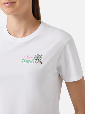 White Emilie T-shirt with I Love Tennis embroidery and rhinestones