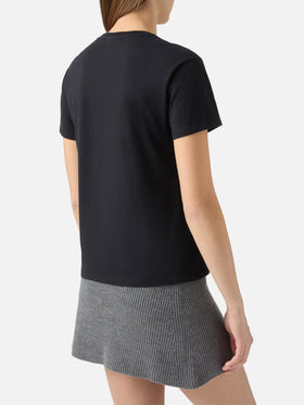 Schwarzes Baumwoll-T-Shirt „Emilie“ mit Strassapplikation „Bollicine Queen“