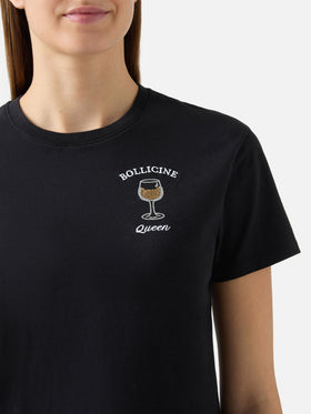 Schwarzes Baumwoll-T-Shirt „Emilie“ mit Strassapplikation „Bollicine Queen“