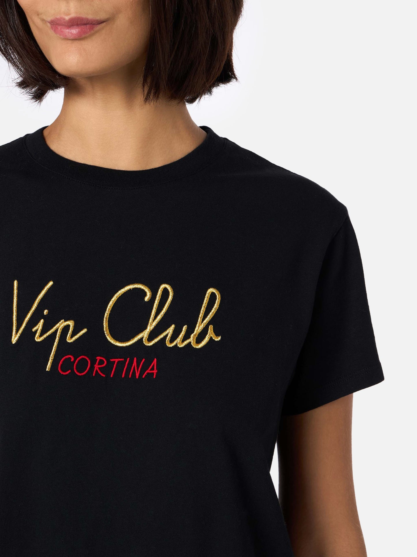 T-shirt nera da donna in cotone pesante Emilie con ricamo Vip Club Cortina | VIP CLUB CORTINA SPECIAL EDITION