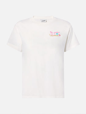 T-shirt Emilie in cotone bianco con ricamo Non smetterò mai di Sp(l)endere