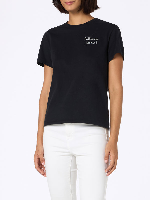 T-shirt da donna in cotone nera pesante Emilie con ricamo Bollicine please