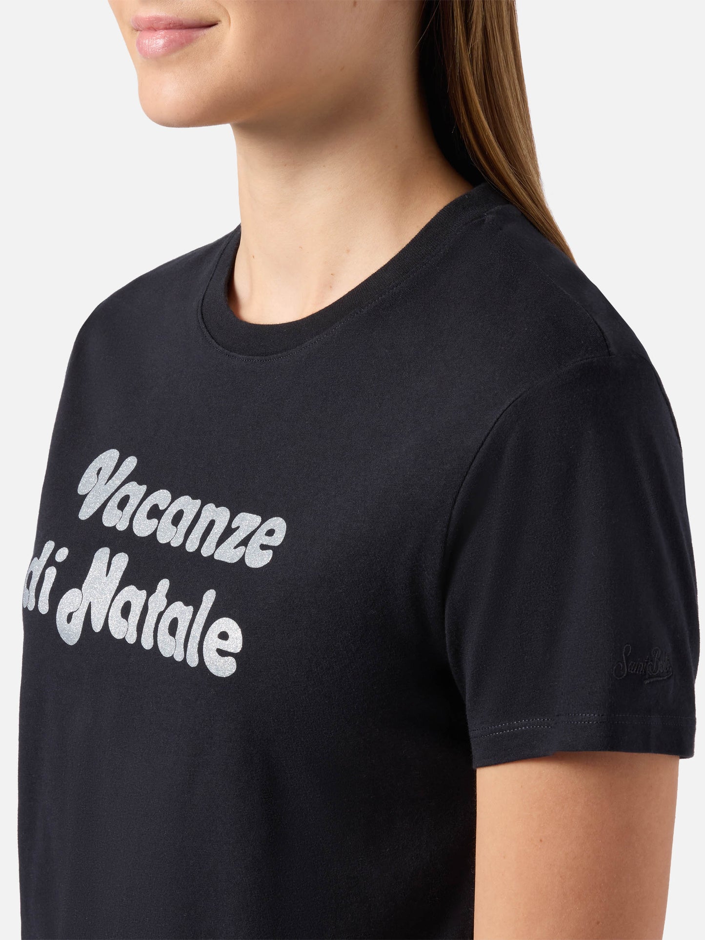 Emilie cotton T-shirt in black with Vacanze di Natale glitter print | VACANZE DI NATALE SPECIAL EDITION