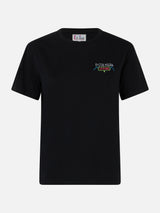 Woman heavy cotton black t-shirt Emilie with Pista nera io pure embroidery | INSULTI LUMINOSI SPECIAL EDITION