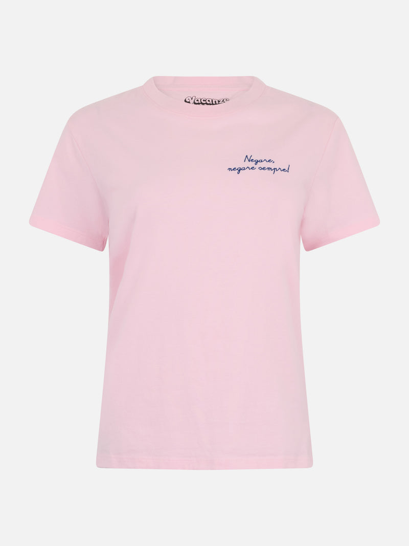 T-shirt da donna Emilie rosa in cotone pesante con ricamo Negare, negare sempre! | VACANZE DI NATALE EDIZIONE SPECIALE