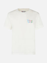 Woman white t-shirt Emilie with Apres ski rainbow embroidery