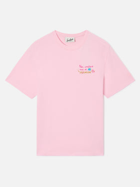 Emilie t-shirt in pink with Non smetterò mai di splendere embroidery