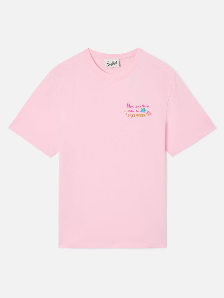 Camiseta Emilie en rosa con bordado Non smetterò mai di splendere 
