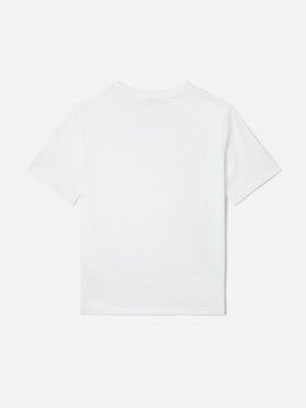 Emilie Jr T-shirt in white cotton with Gossip and Shopping embroidery