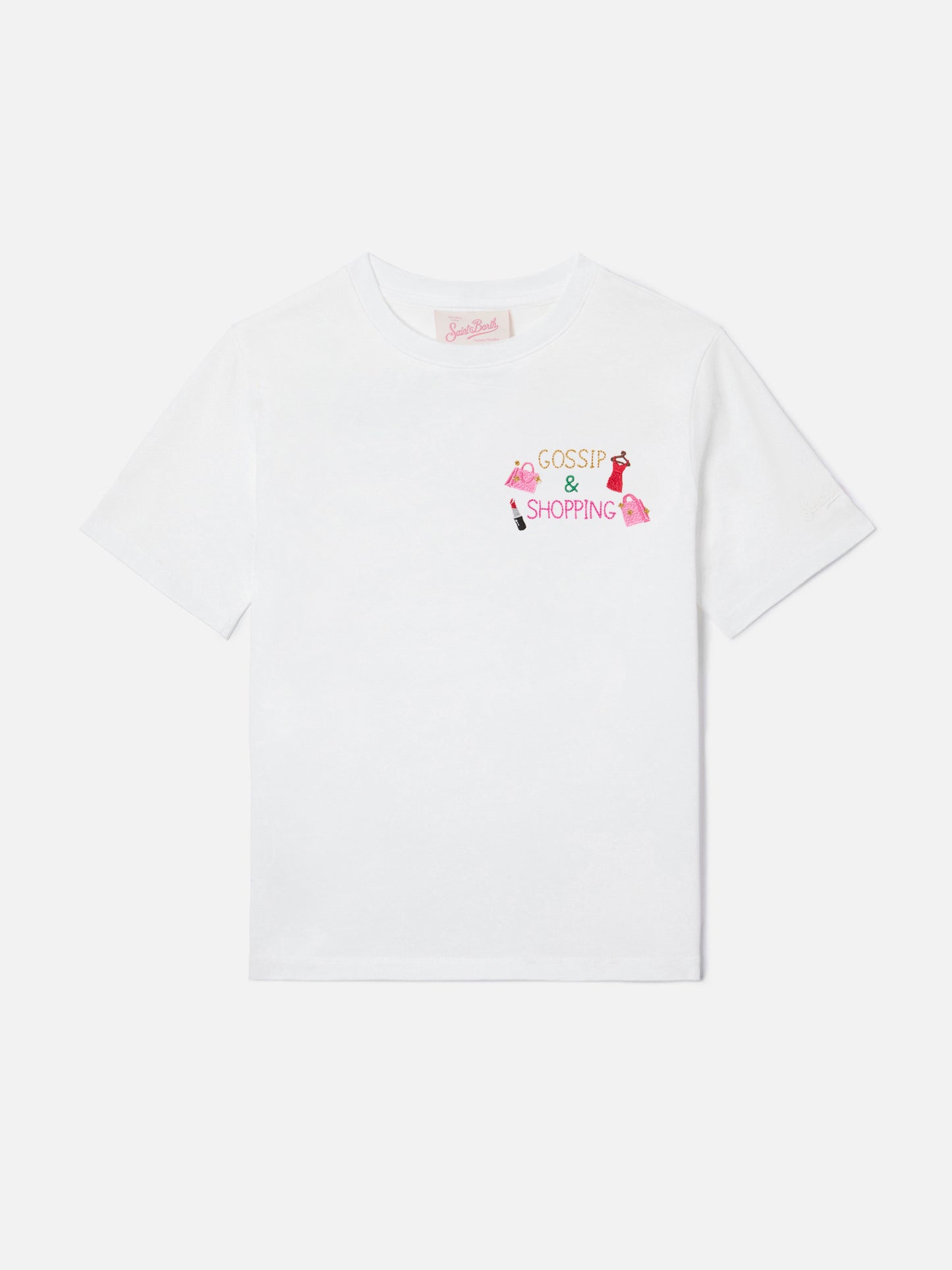 Emilie Jr T-shirt in white cotton with Gossip and Shopping embroidery