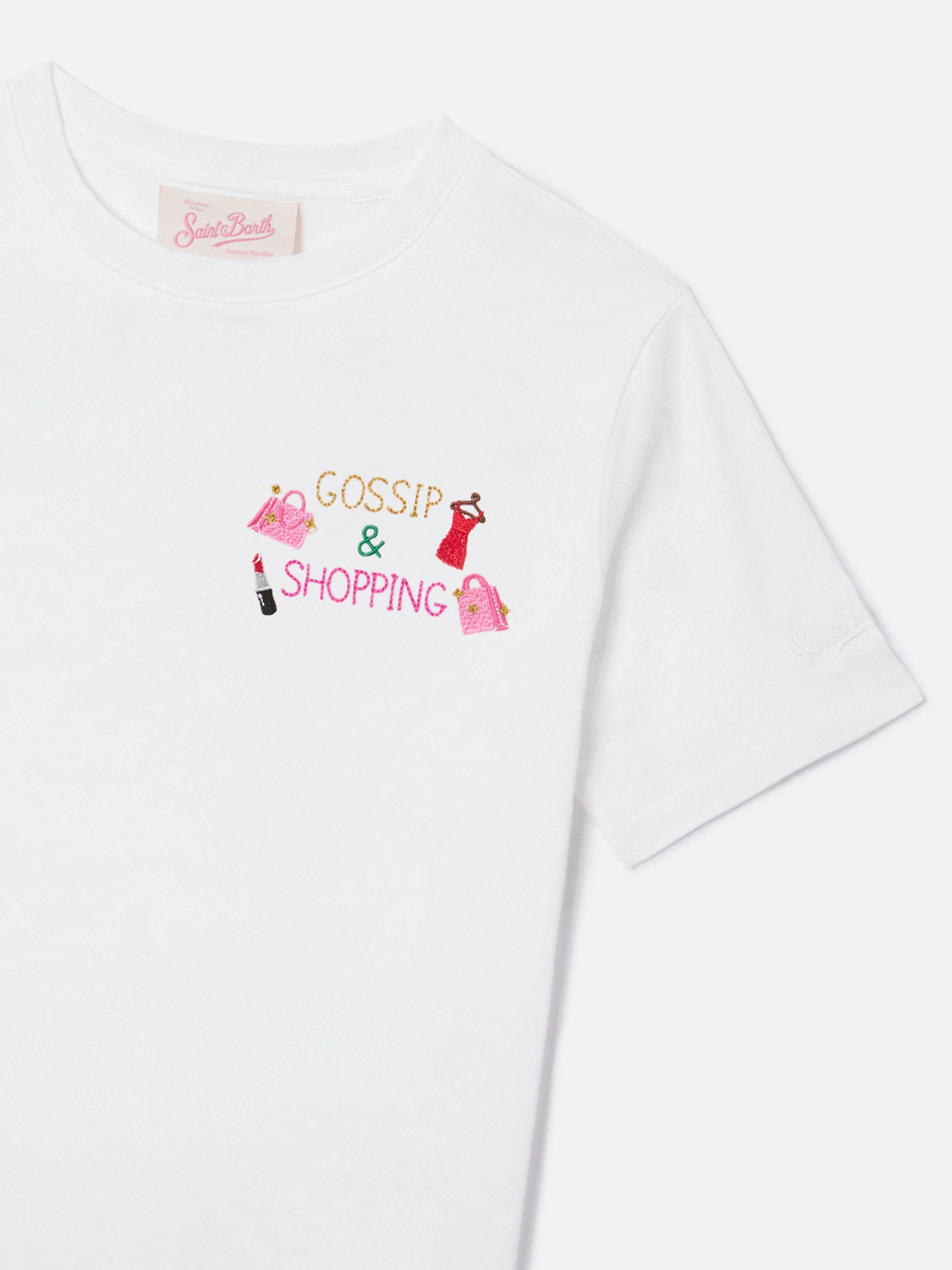 Emilie Jr T-shirt in white cotton with Gossip and Shopping embroidery