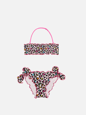 Bikini da bambina a fascia con stampa leopardata