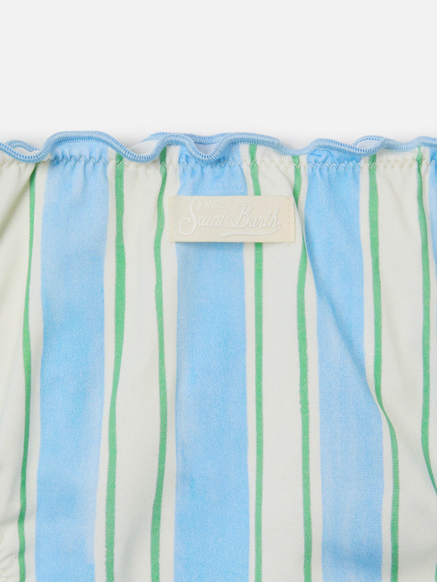 Emy white, light blue and green striped bikini with ruffled edges