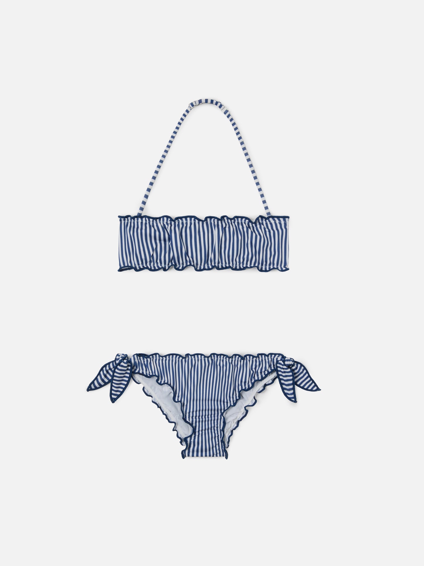 Emy white and blue striped bikini with ruffled edges
