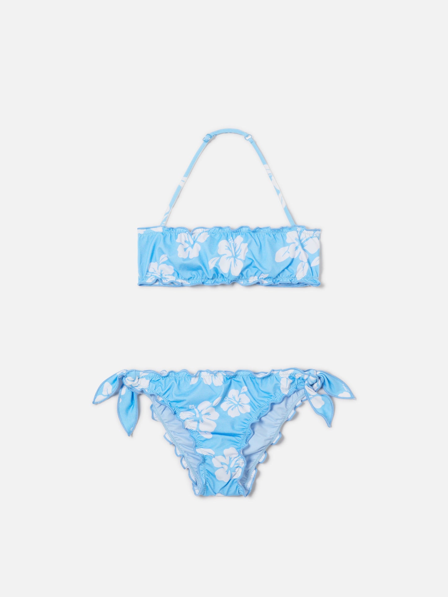 Bikini a fascia Emy azzurro con stampa ibisco