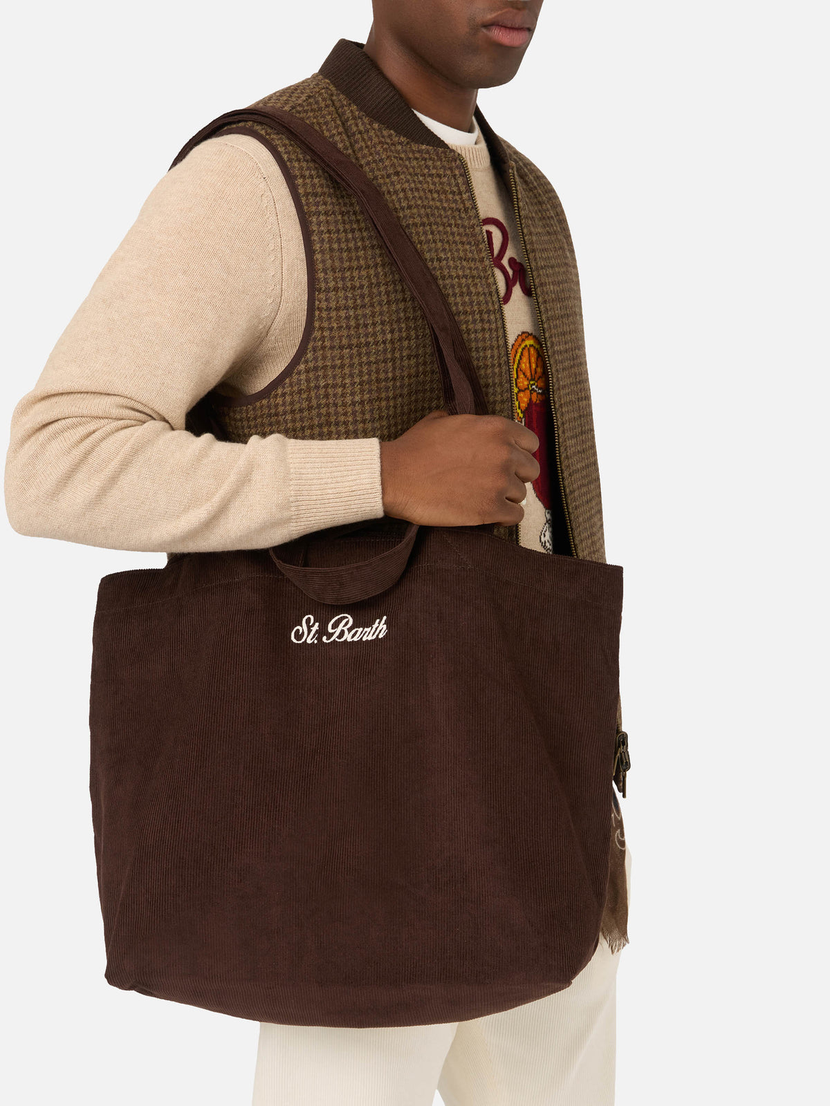 Brown Essential corduroy tote bag with logo embroidery