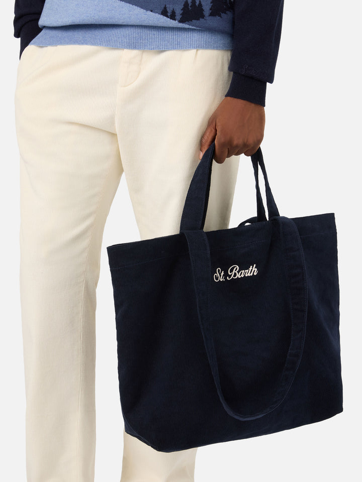 Navy blue Essential corduroy tote bag with logo embroidery