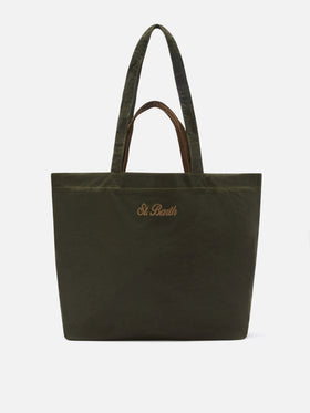 Bolso Essential encerado tote verde militar con bordado del logo 