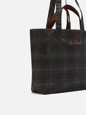 Essential waxed tote bag with tartan pattern
